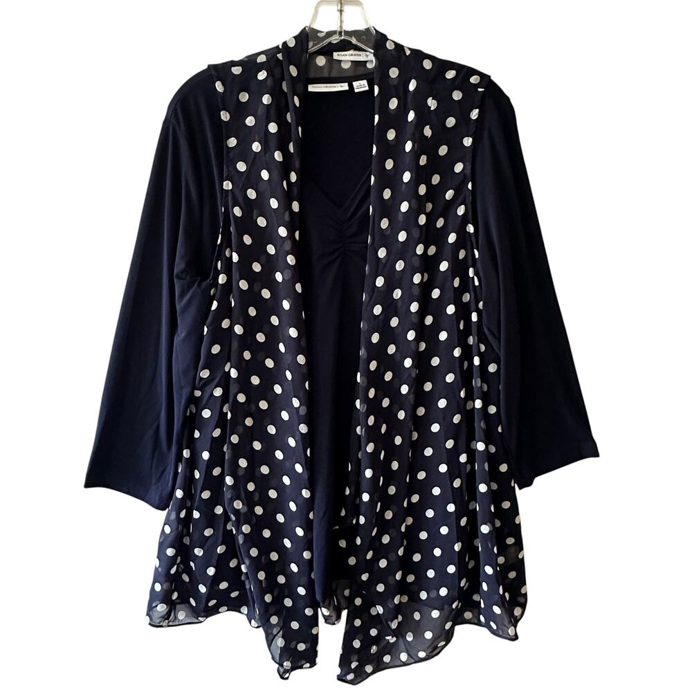 Susan Graver 2-Piece Polka Dot Set Womens Large Navy White Top & Vest